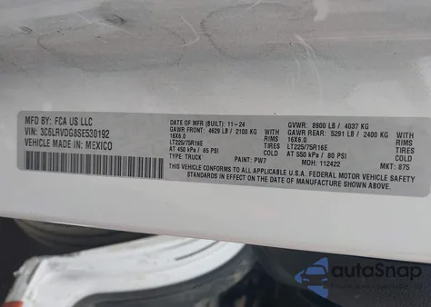 2025 Ram Promaster 2500 Tradesman High Roof 159 Wb W/Pass Seat z USA, uszkodzony, nr VIN 3C6LRVDG8SE530192